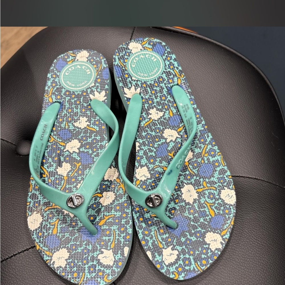 Coach Teal Floral Print Jelly Strap Flip Flops